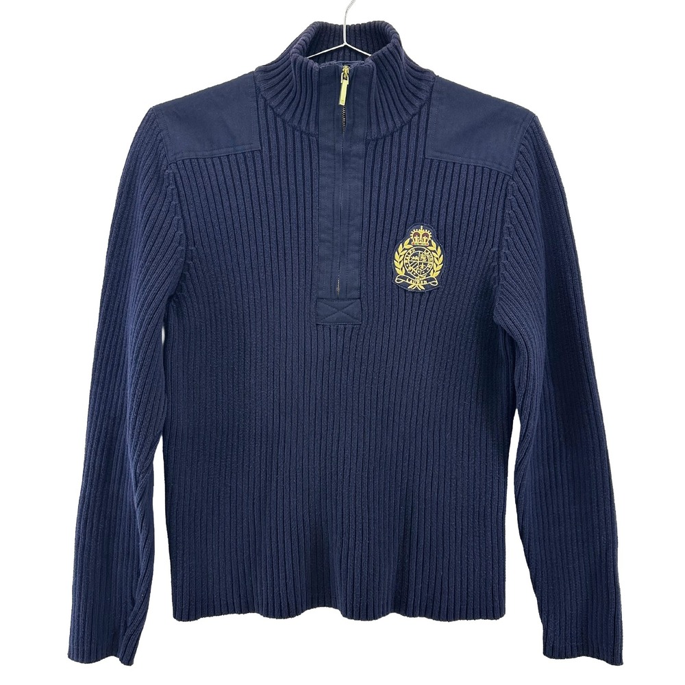 LAUREN RALPH LAUREN 1/2 Zip Ribbed Knit Sweater • XL • navy blue preppy classic